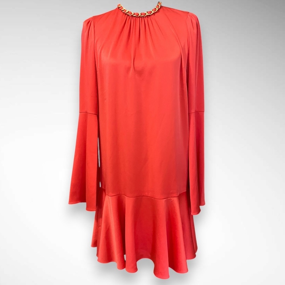 MICHAEL KORS Coral Drop Waist Long Bell Sleeves Oversized Mini Dress | NWOT